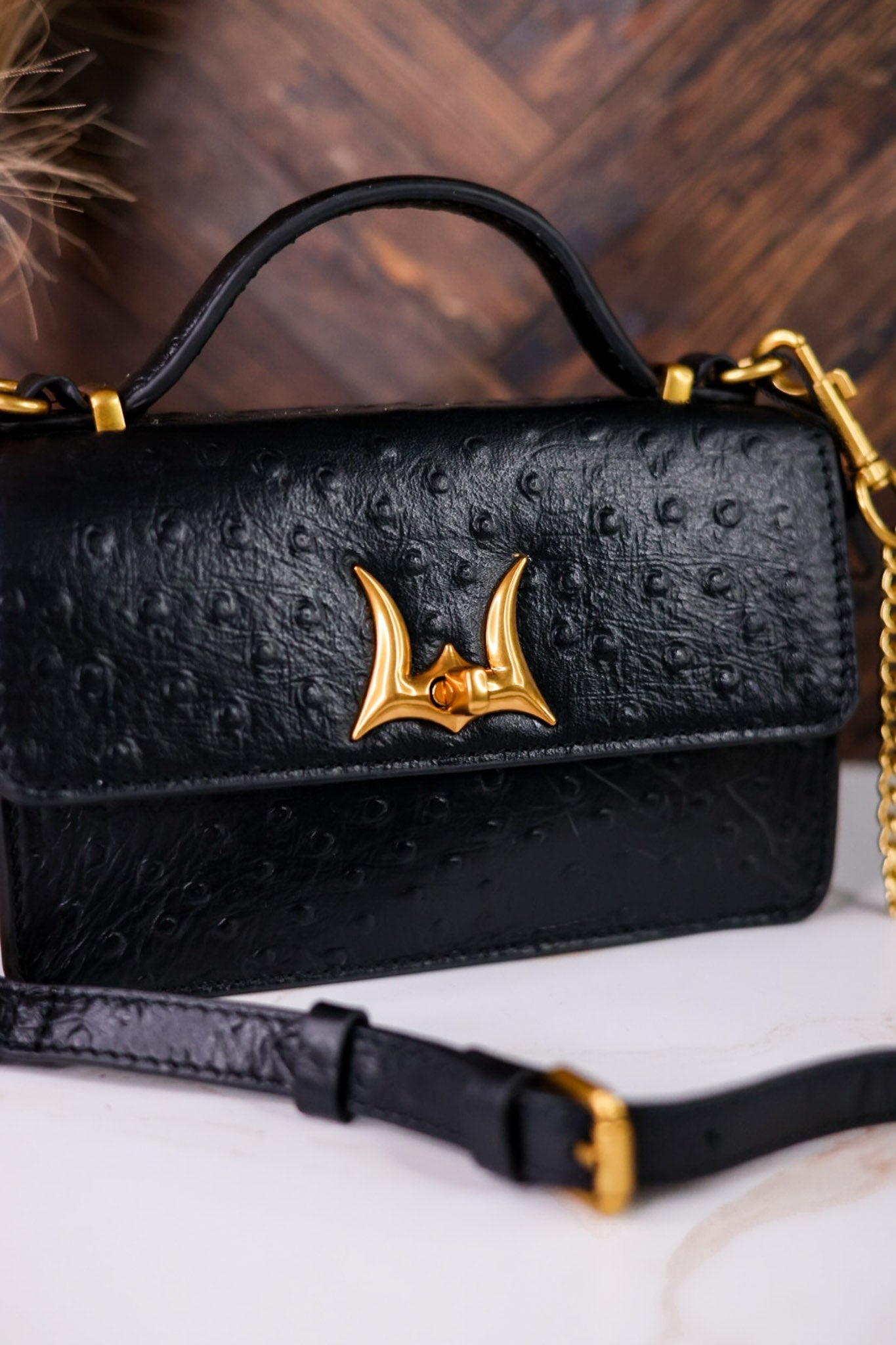 Valencia Ostrich Leather Black Bag - Whiskey Skies - LOYAL WEST