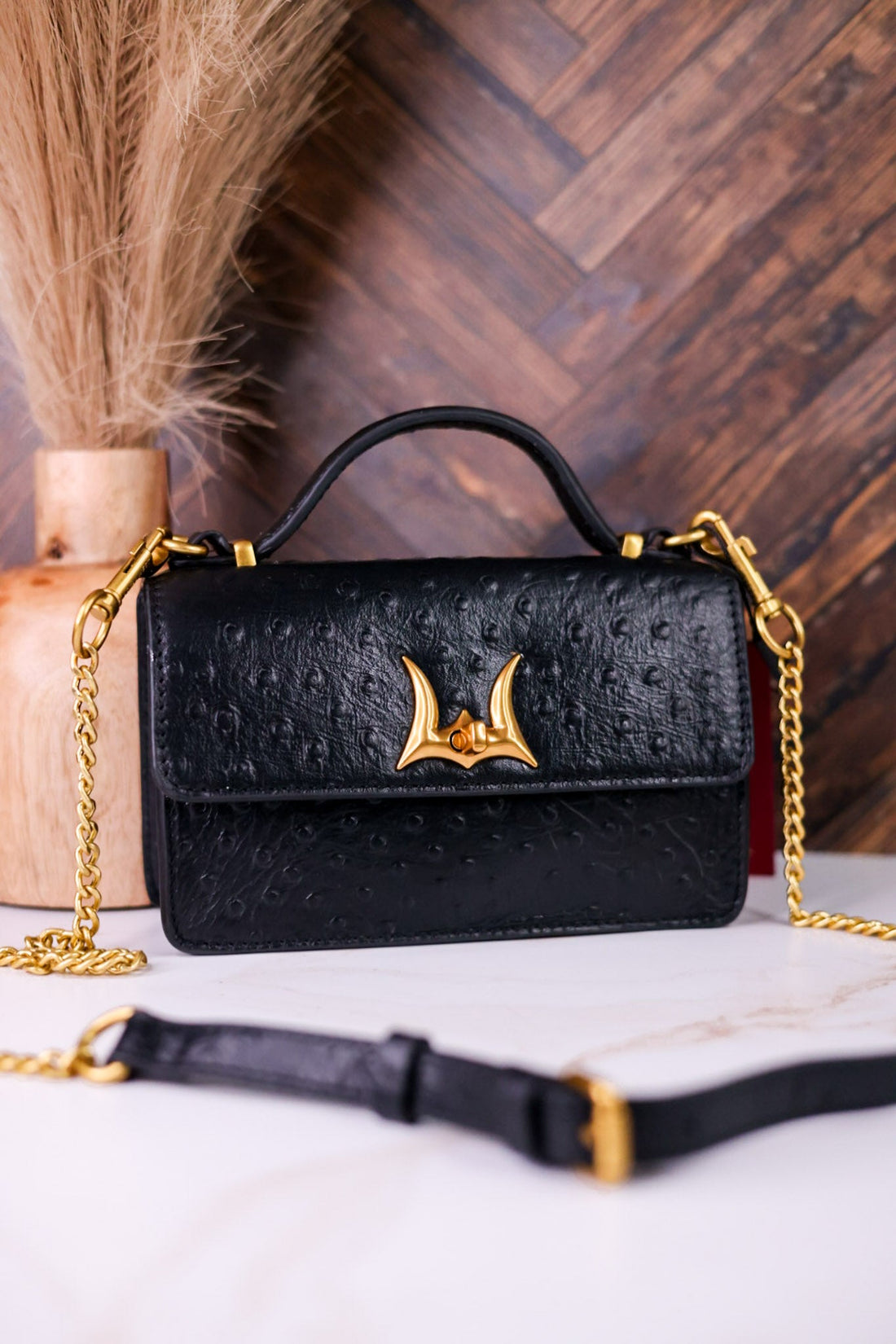 Valencia Ostrich Leather Black Bag - Whiskey Skies - LOYAL WEST