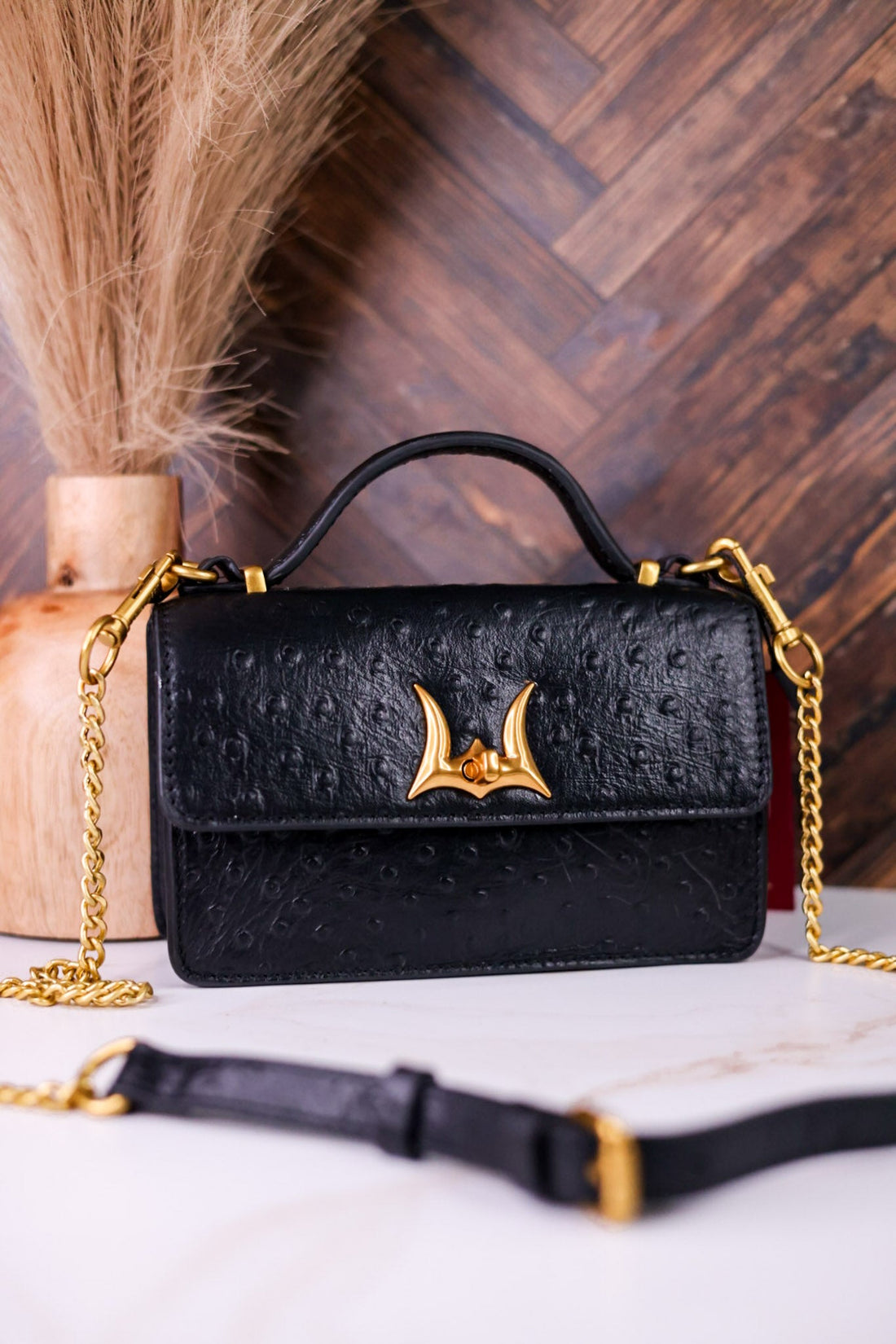 Valencia Ostrich Leather Black Bag - Whiskey Skies - LOYAL WEST