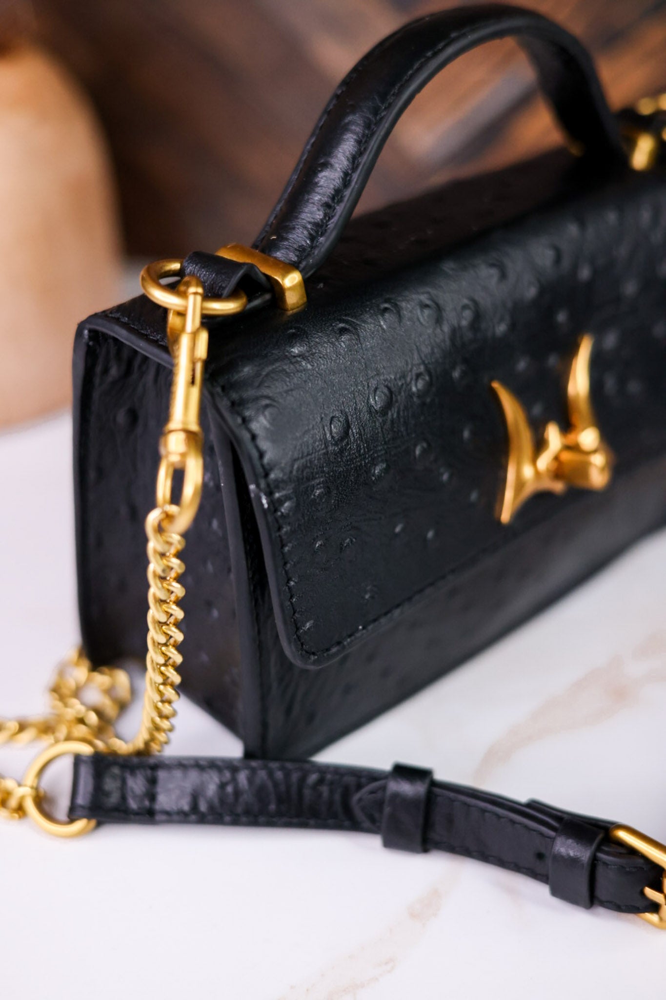 Valencia Ostrich Leather Black Bag - Whiskey Skies - LOYAL WEST