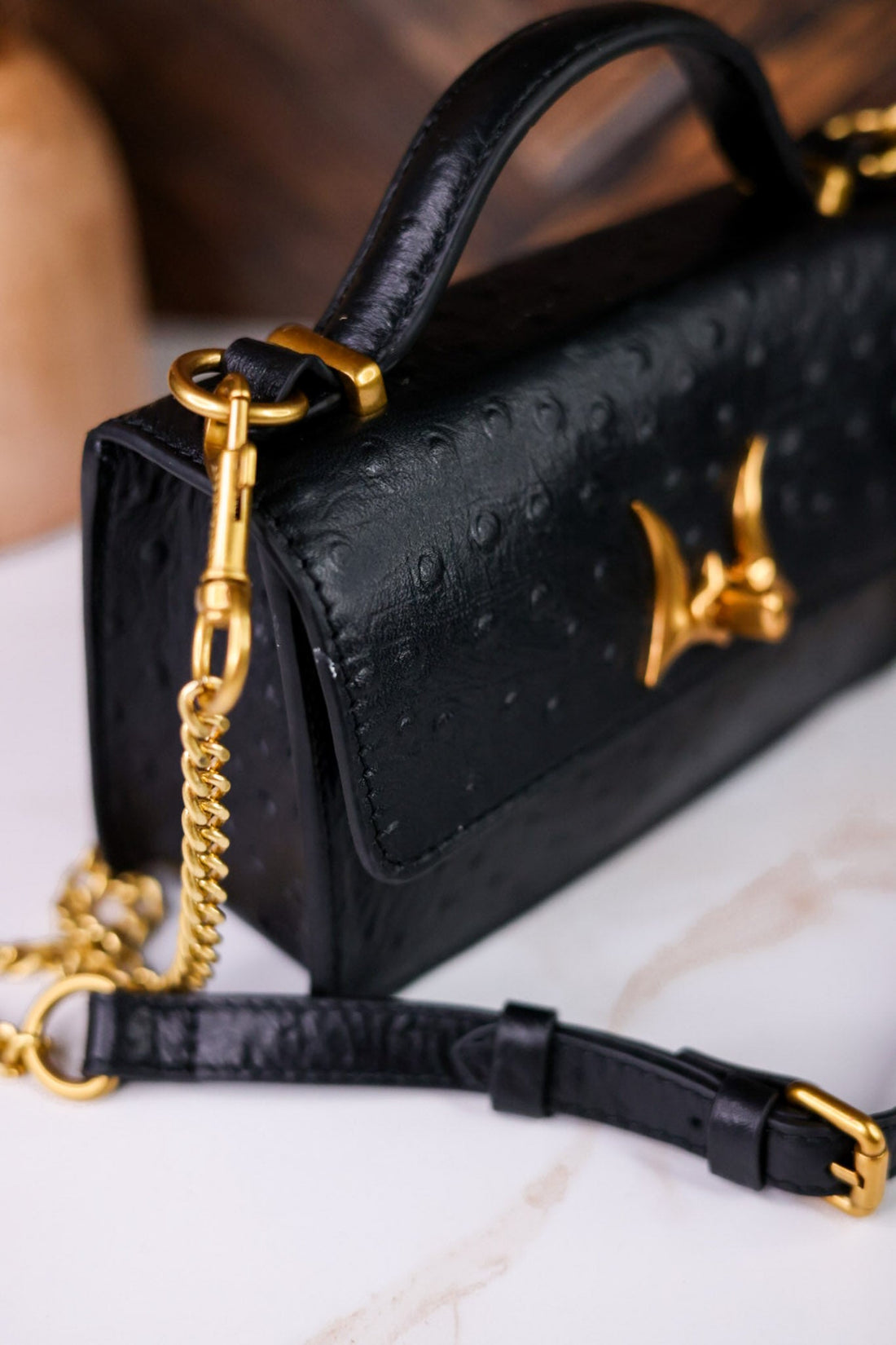 Valencia Ostrich Leather Black Bag - Whiskey Skies - LOYAL WEST