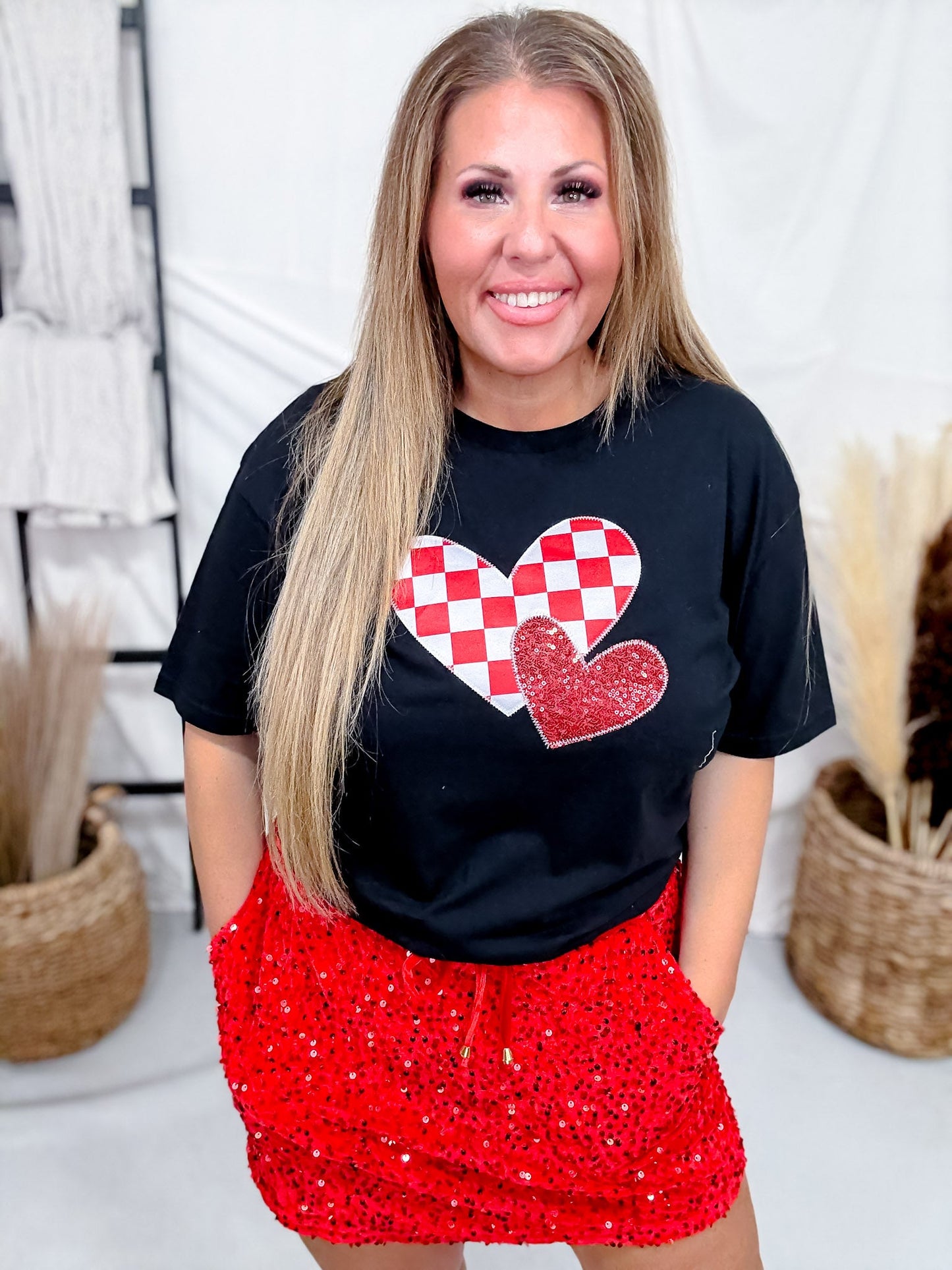 Valentine's Day Checkered Heart Graphic Tee - Whiskey Skies - SOUTHERN BELLE