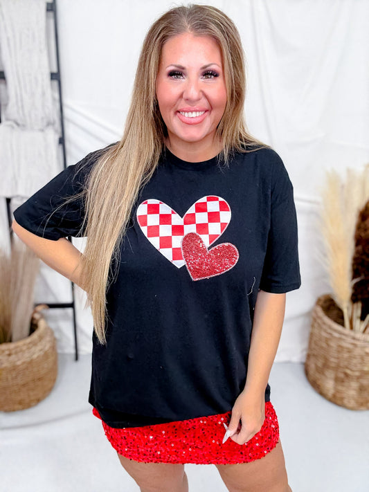 Valentine's Day Checkered Heart Graphic Tee - Whiskey Skies - SOUTHERN BELLE