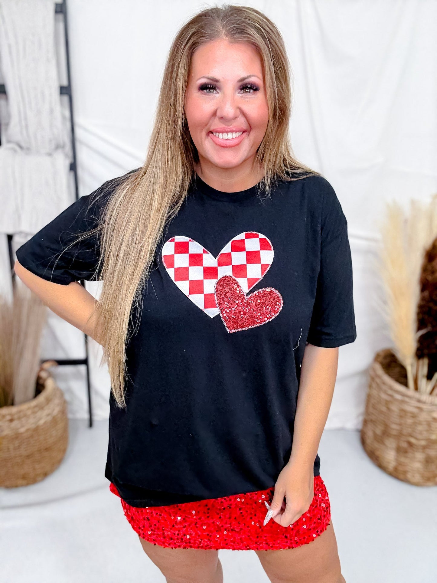 Valentine's Day Checkered Heart Graphic Tee - Whiskey Skies - SOUTHERN BELLE