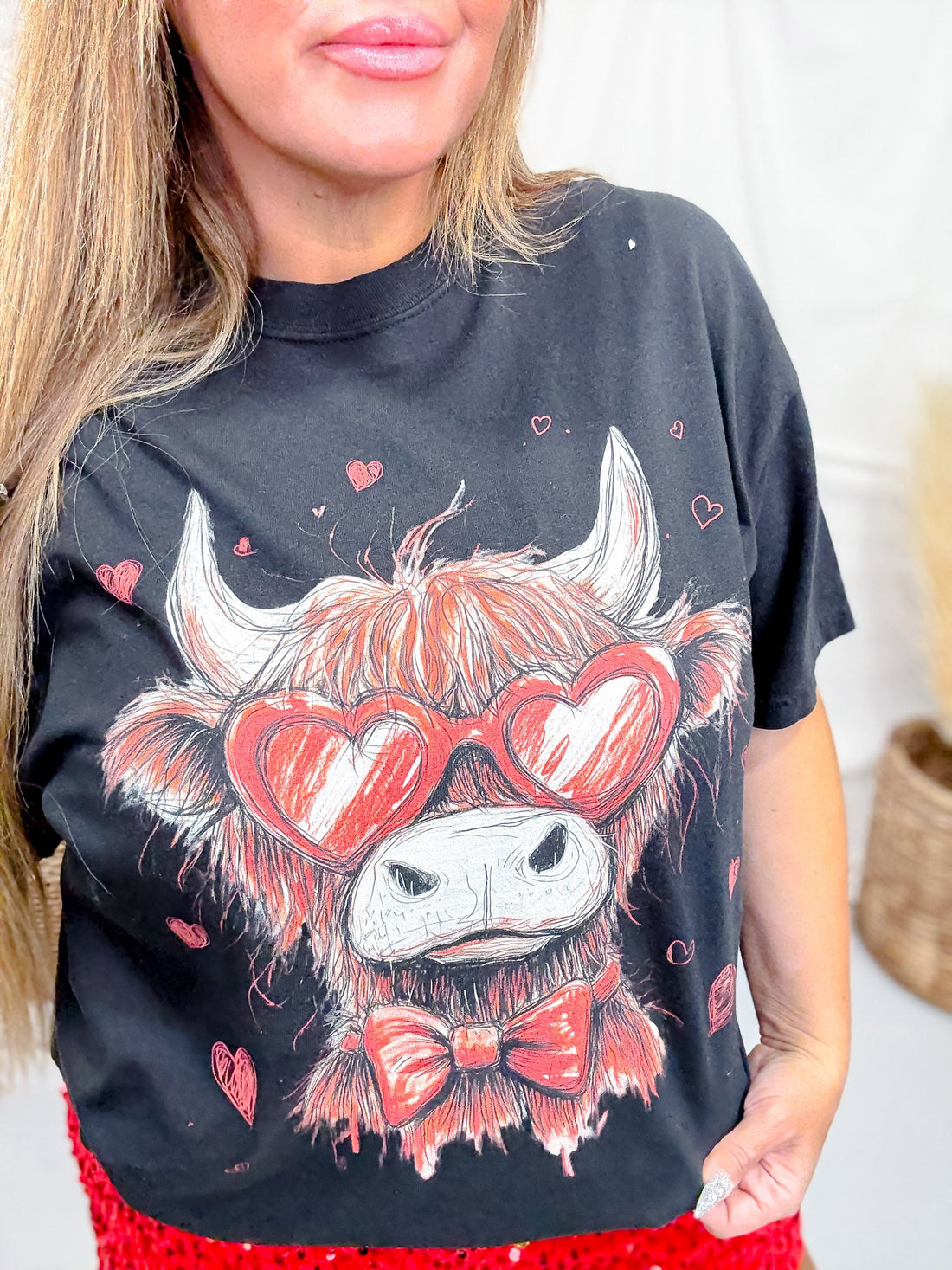 Valentine's Day Highland Cow Black Short Sleeve Graphic Tee - Whiskey Skies - GLAIME