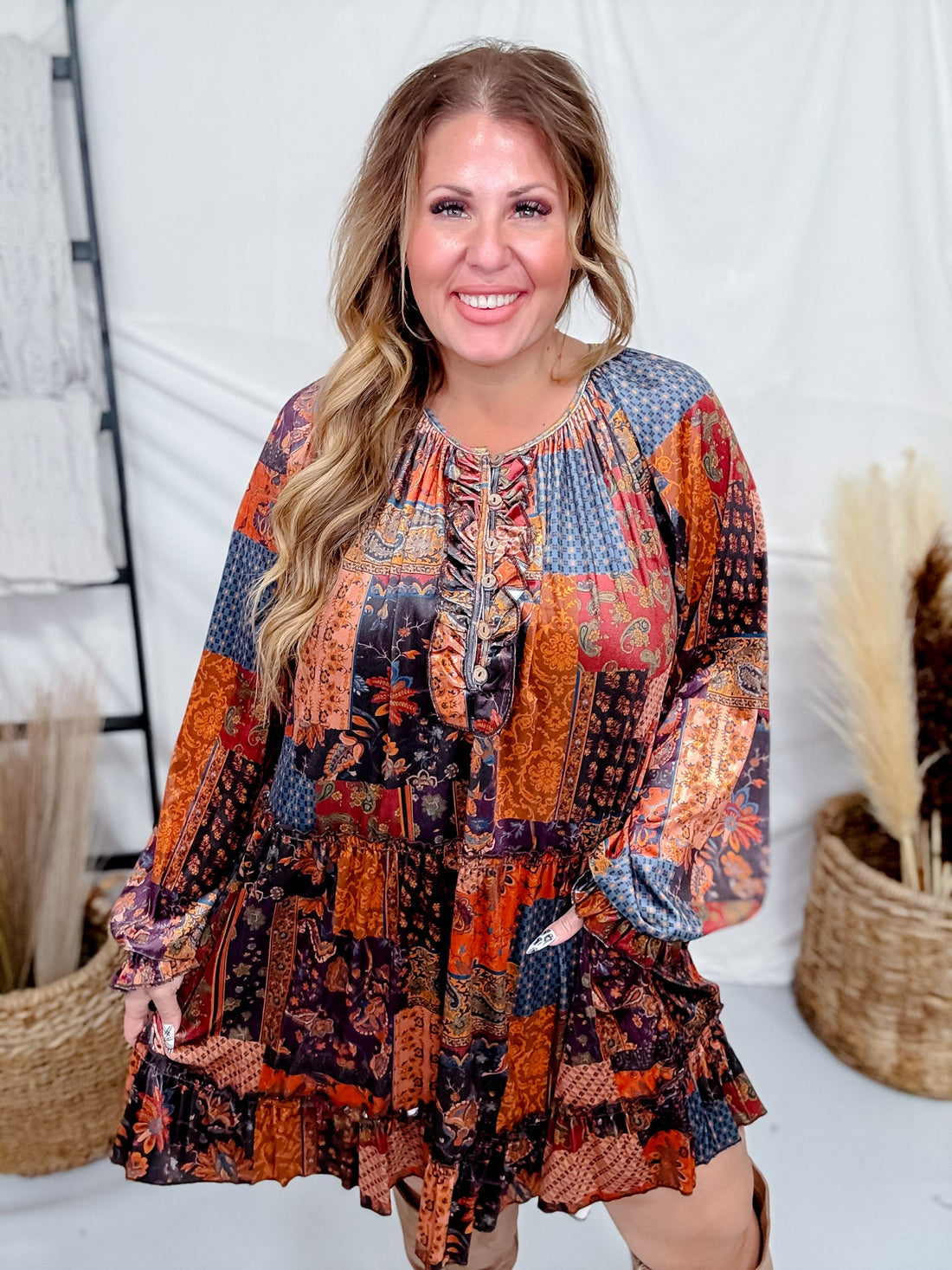 Velvet Patchwork Paisley Dress With Ruffled Hemline - Whiskey Skies - EASEL