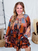 Velvet Patchwork Paisley Dress With Ruffled Hemline - Whiskey Skies - EASEL