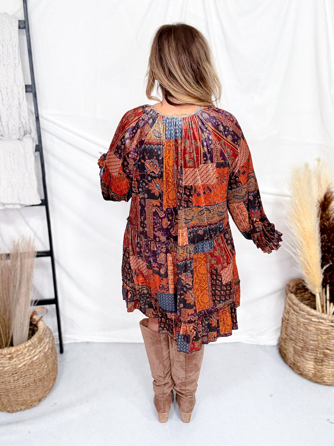 Velvet Patchwork Paisley Dress With Ruffled Hemline - Whiskey Skies - EASEL