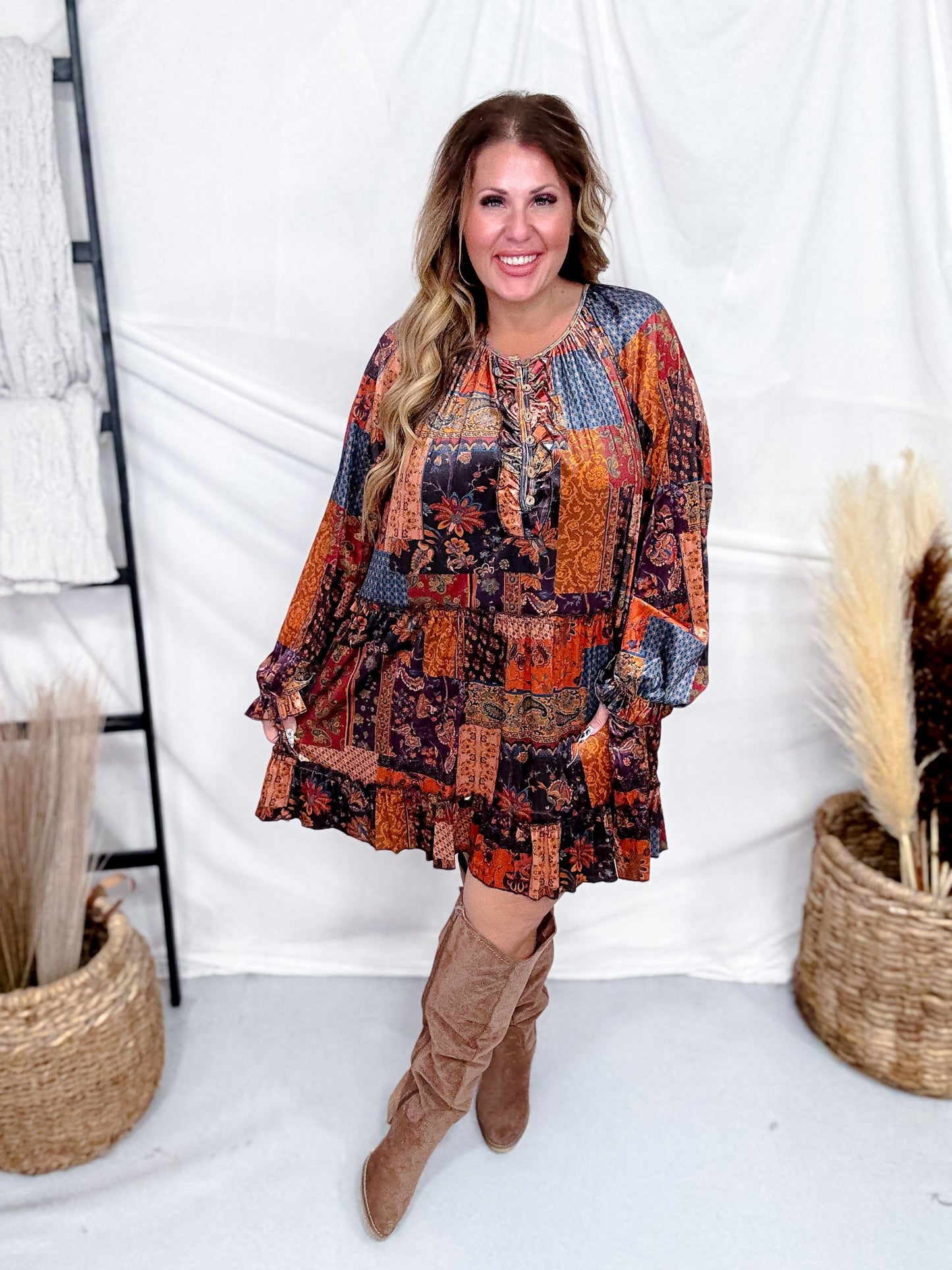 Velvet Patchwork Paisley Dress With Ruffled Hemline - Whiskey Skies - EASEL
