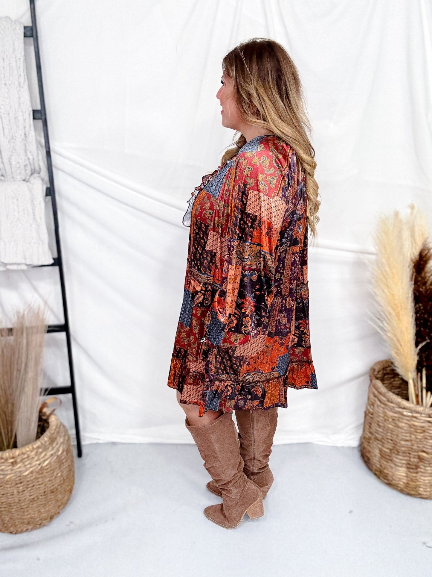 Velvet Patchwork Paisley Dress With Ruffled Hemline - Whiskey Skies - EASEL