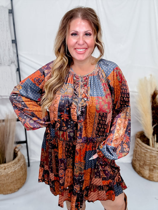 Velvet Patchwork Paisley Dress With Ruffled Hemline - Whiskey Skies - EASEL