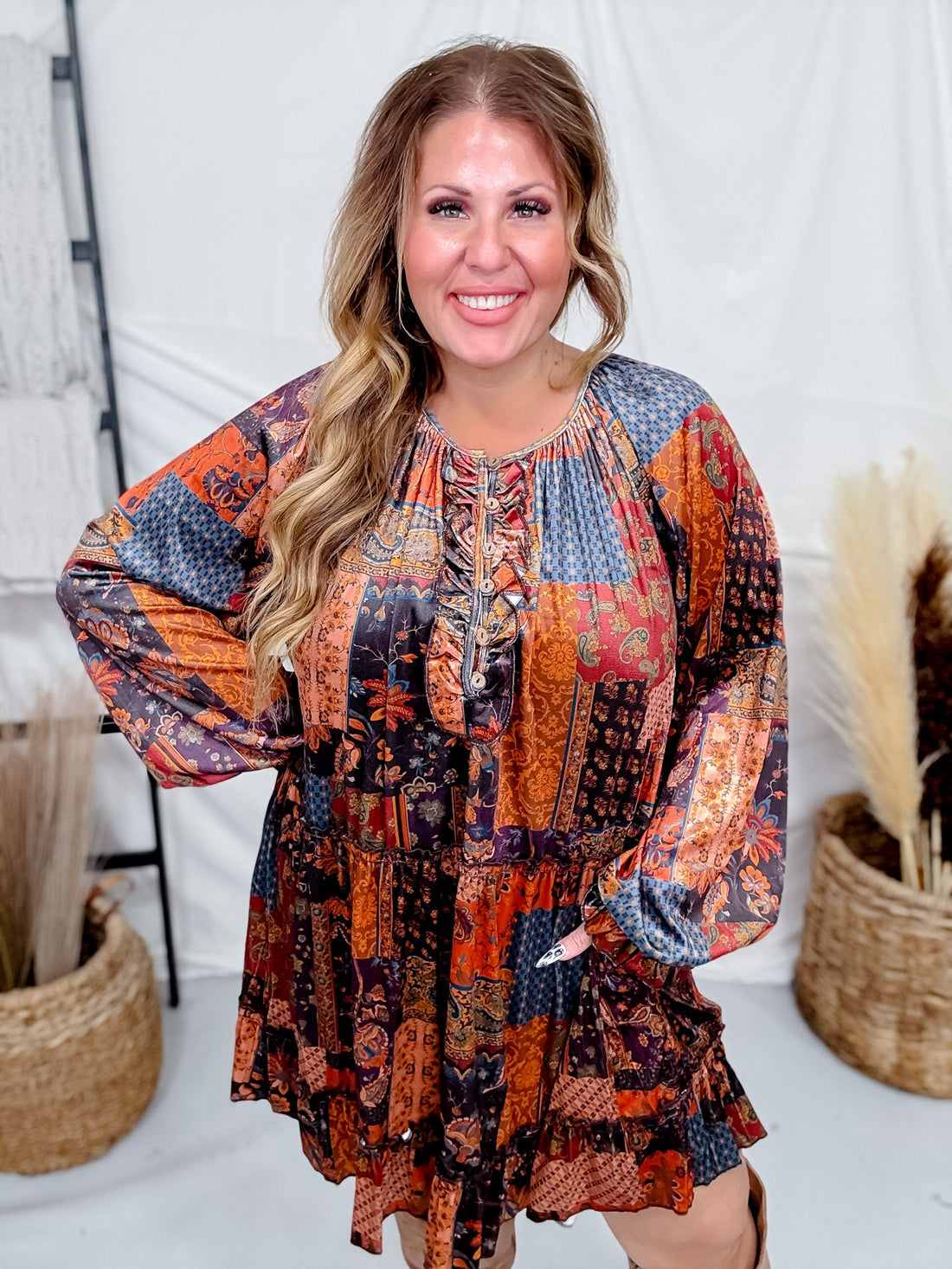 Velvet Patchwork Paisley Dress With Ruffled Hemline - Whiskey Skies - EASEL