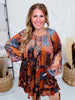 Velvet Patchwork Paisley Dress With Ruffled Hemline - Whiskey Skies - EASEL