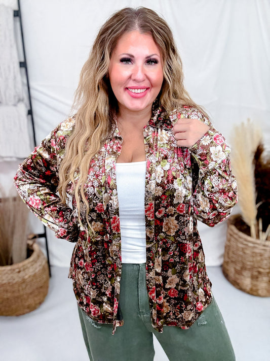 Velvet Textured Floral Print Button Down Blouse - Whiskey Skies - SEW IN LOVE