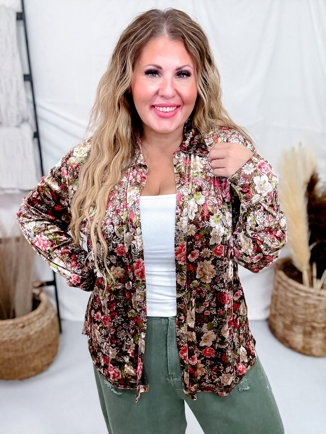 Velvet Textured Floral Print Button Down Blouse - Whiskey Skies - SEW IN LOVE