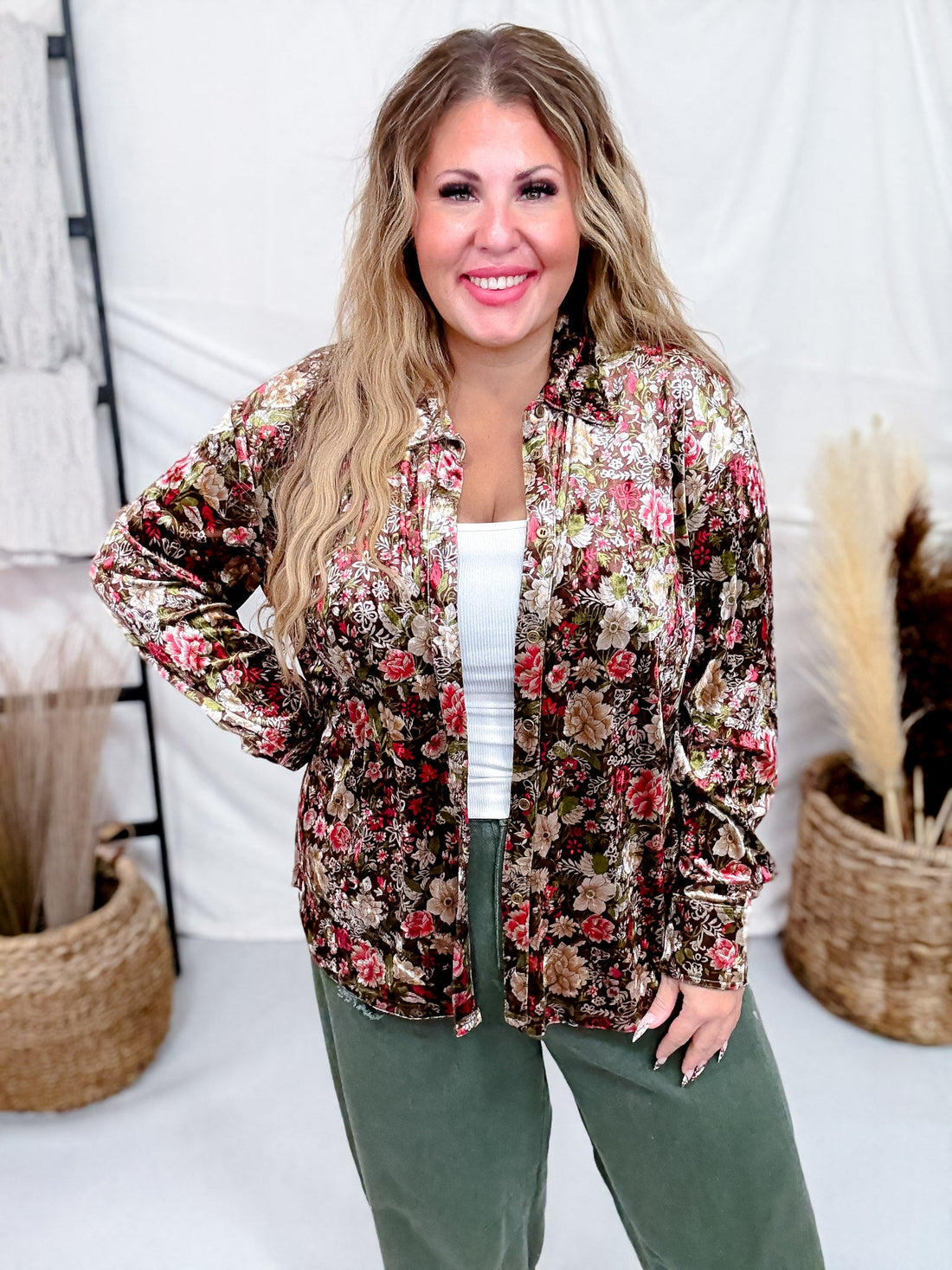 Velvet Textured Floral Print Button Down Blouse - Whiskey Skies - SEW IN LOVE