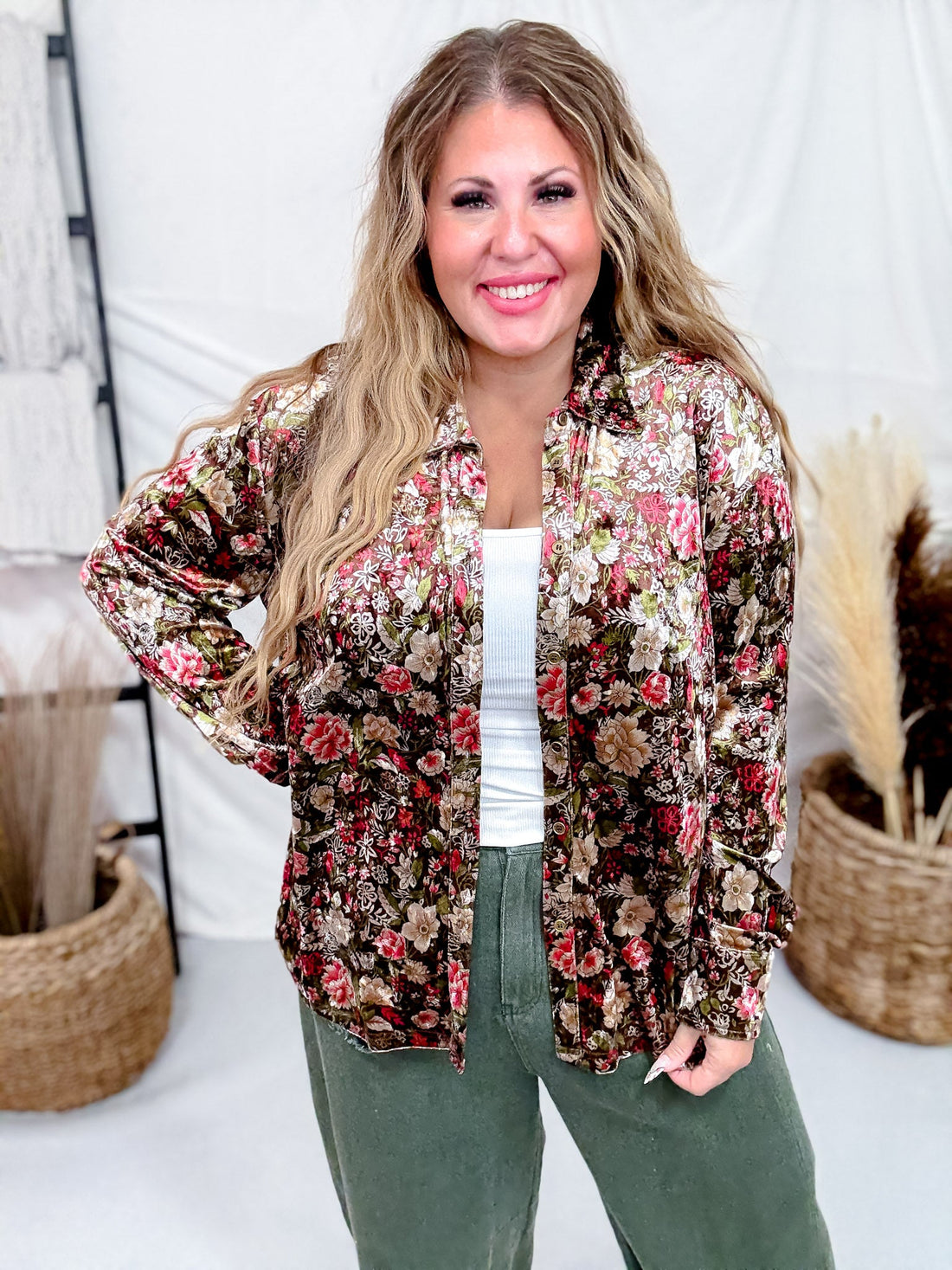 Velvet Textured Floral Print Button Down Blouse - Whiskey Skies - SEW IN LOVE