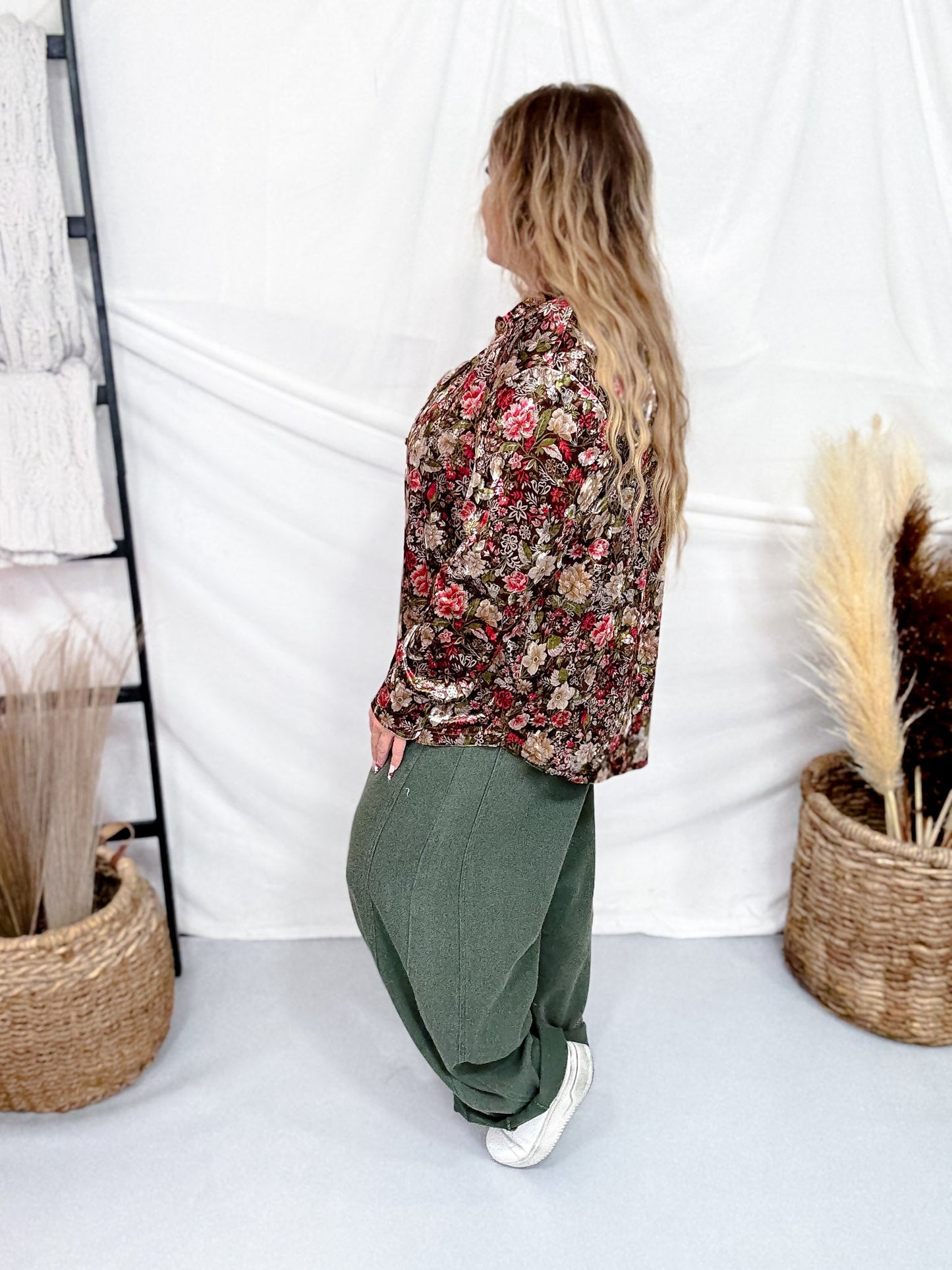 Velvet Textured Floral Print Button Down Blouse - Whiskey Skies - SEW IN LOVE