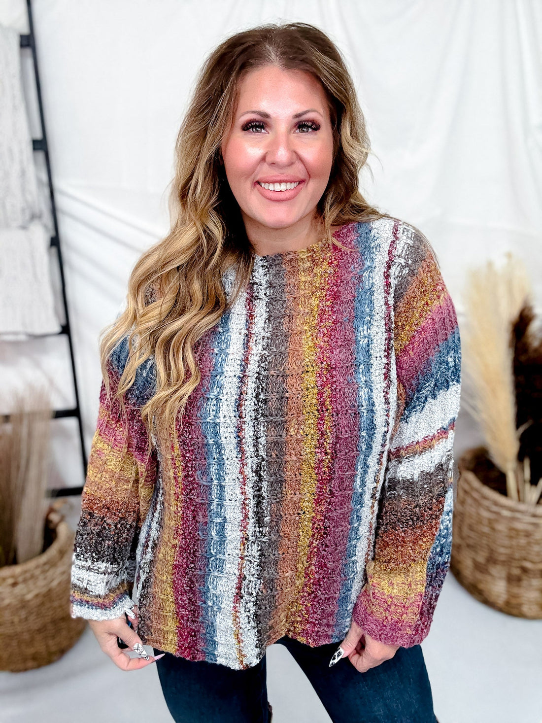 Vertical Striped Boat Neck Sweater In Burgundy - Whiskey Skies - ADORA