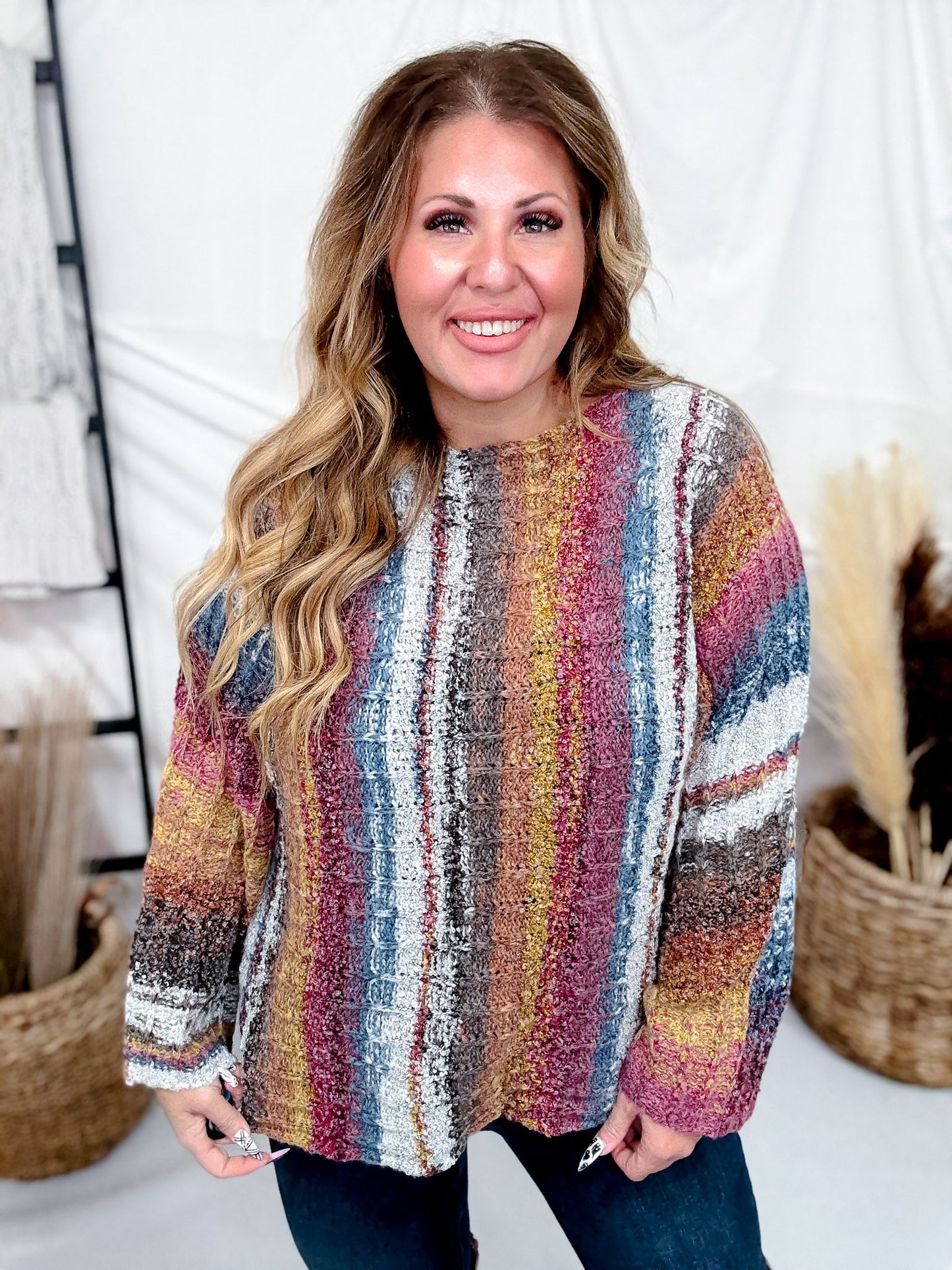 Vertical Striped Boat Neck Sweater In Burgundy - Whiskey Skies - ADORA