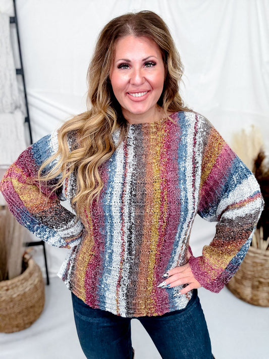 Vertical Striped Boat Neck Sweater In Burgundy - Whiskey Skies - ADORA