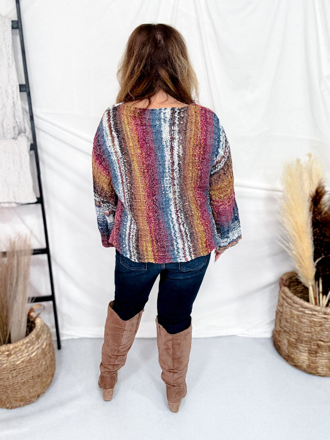 Vertical Striped Boat Neck Sweater In Burgundy - Whiskey Skies - ADORA