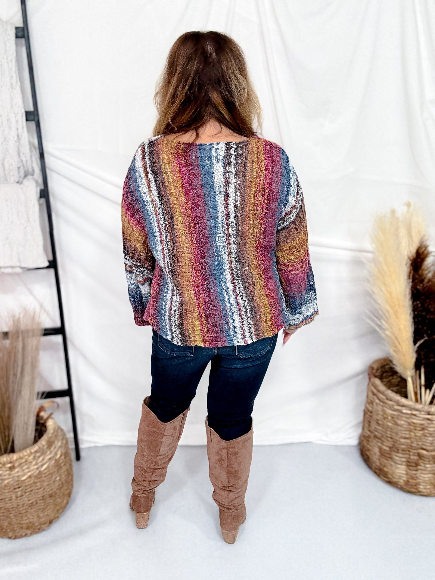 Vertical Striped Boat Neck Sweater In Burgundy - Whiskey Skies - ADORA