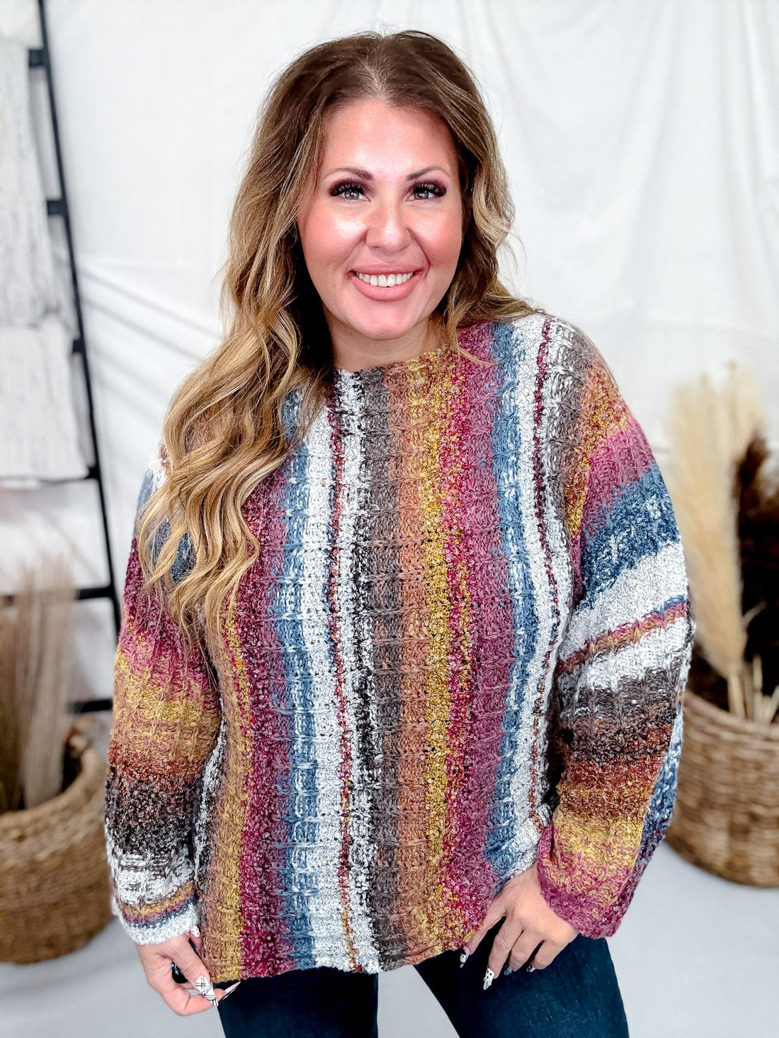 Vertical Striped Boat Neck Sweater In Burgundy - Whiskey Skies - ADORA