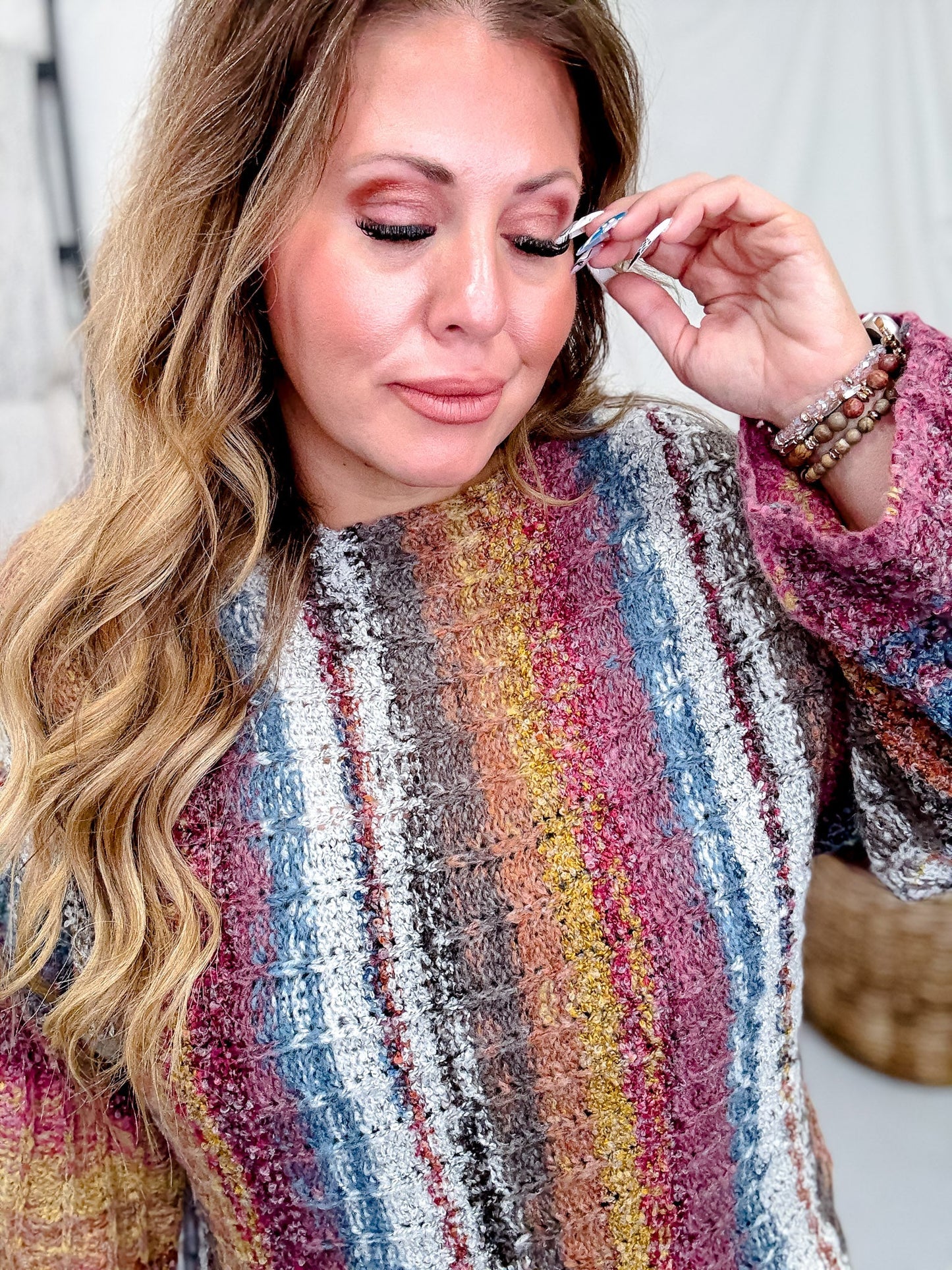 Vertical Striped Boat Neck Sweater In Burgundy - Whiskey Skies - ADORA