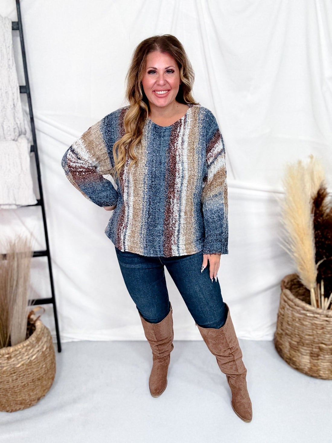Vertical Striped Boat Neck Sweater In Navy - Whiskey Skies - ADORA