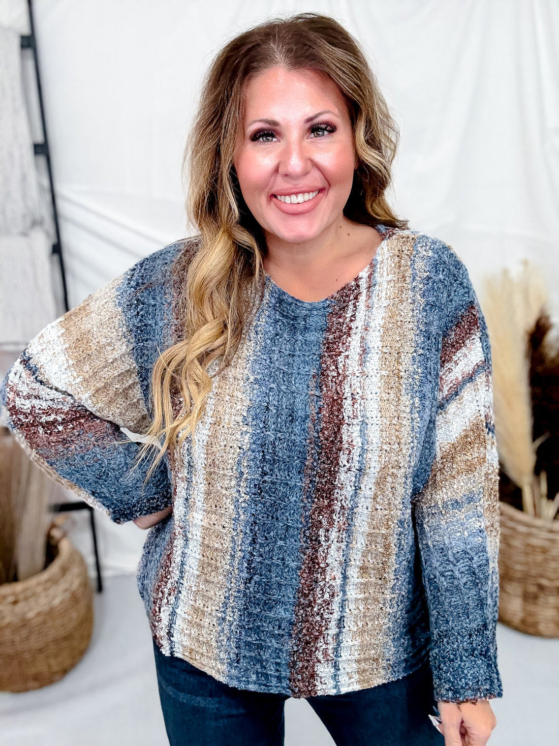 Vertical Striped Boat Neck Sweater In Navy - Whiskey Skies - ADORA