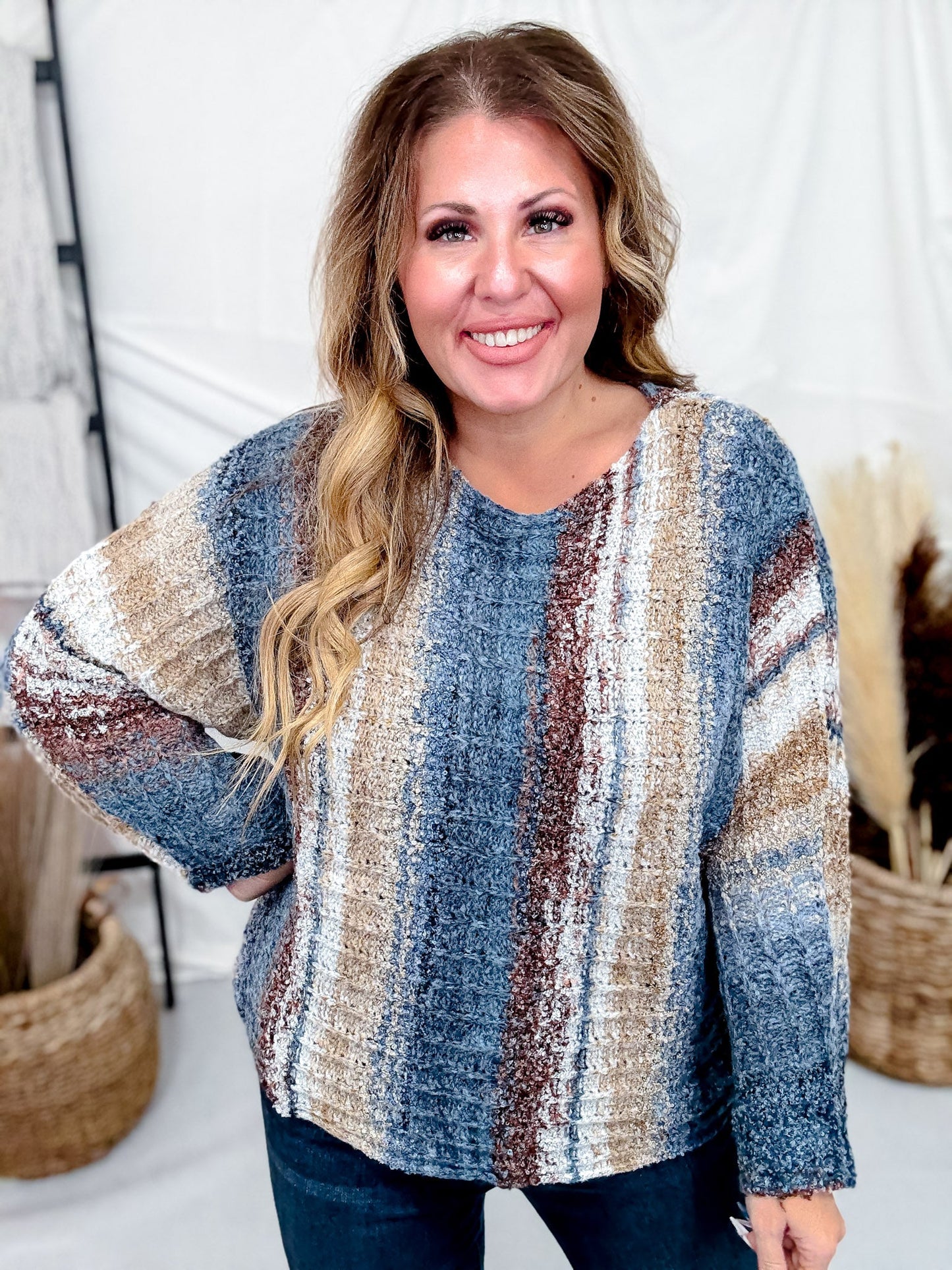 Vertical Striped Boat Neck Sweater In Navy - Whiskey Skies - ADORA