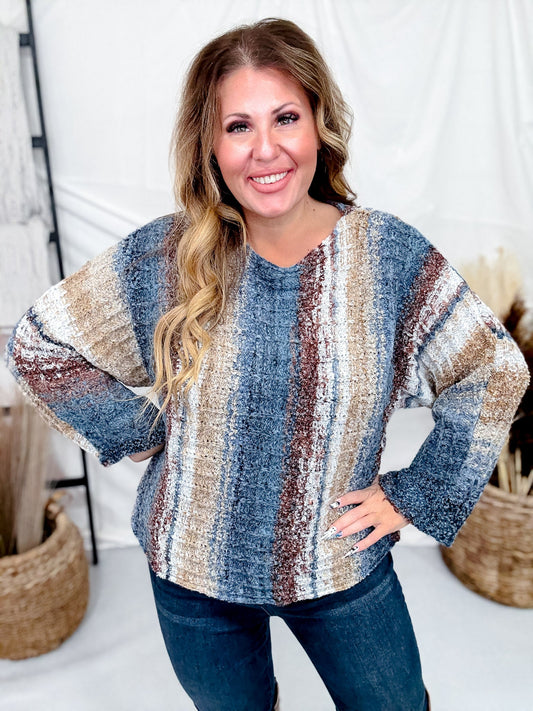 Vertical Striped Boat Neck Sweater In Navy - Whiskey Skies - ADORA
