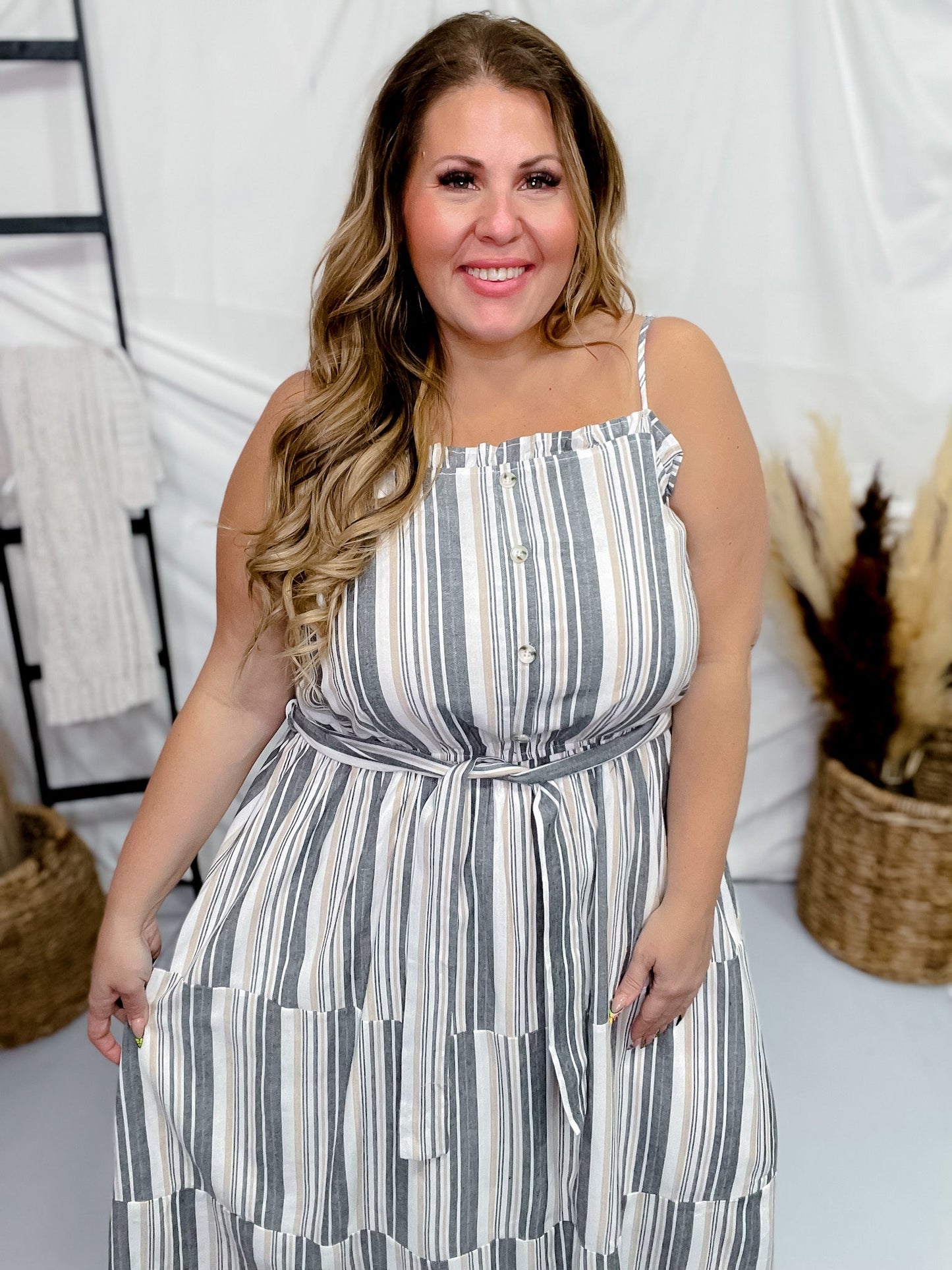 Vertical Stripped Tank Dress W/ Buttons - Whiskey Skies - ANDREE BY UNIT