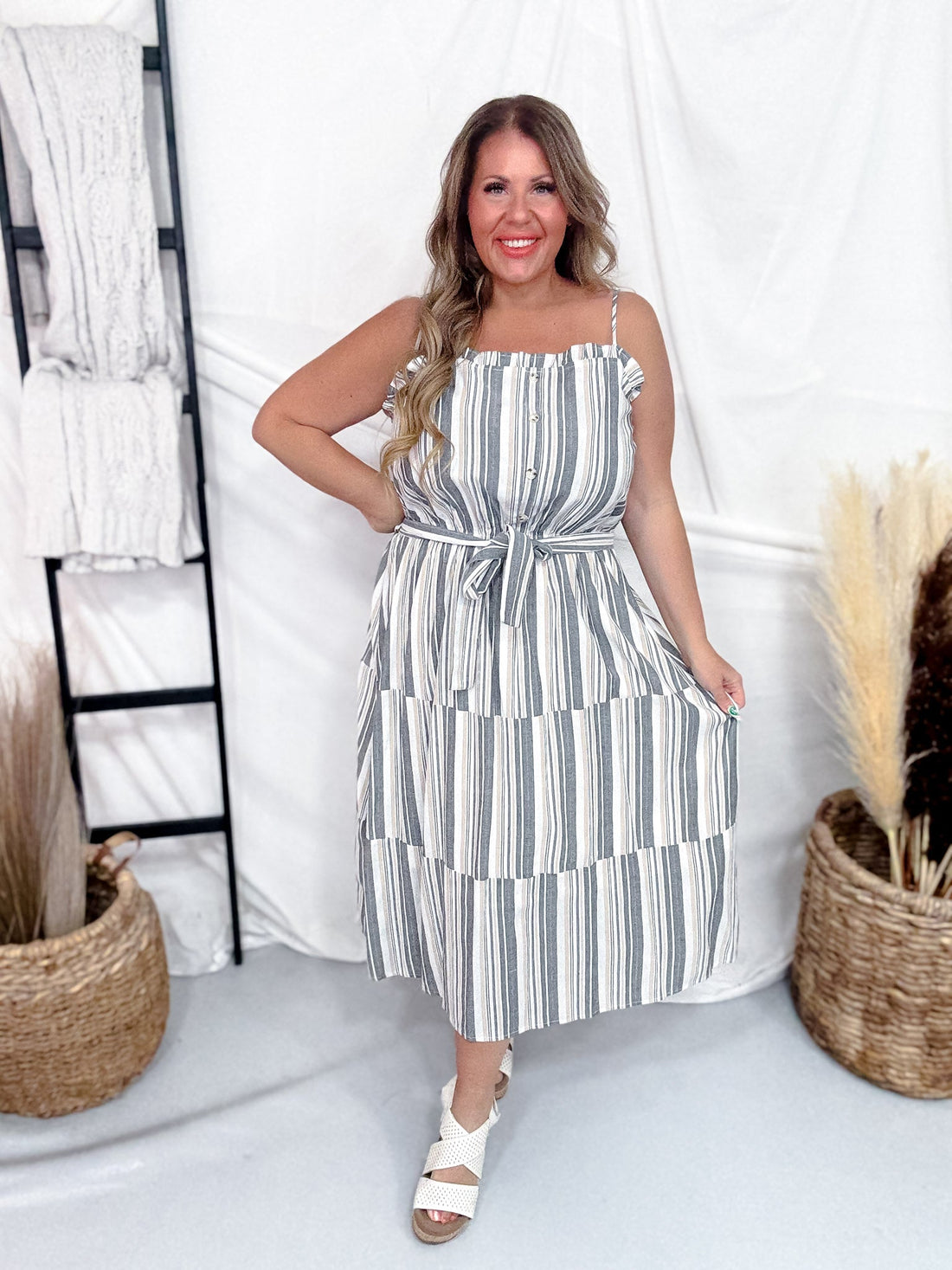 Vertical Stripped Tank Dress W/ Buttons - Whiskey Skies - ANDREE BY UNIT