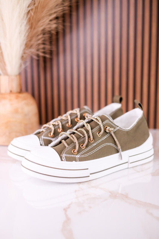Very G Olive Sneakers W/ Gold Sparkly Laces - Whiskey Skies - VERY G