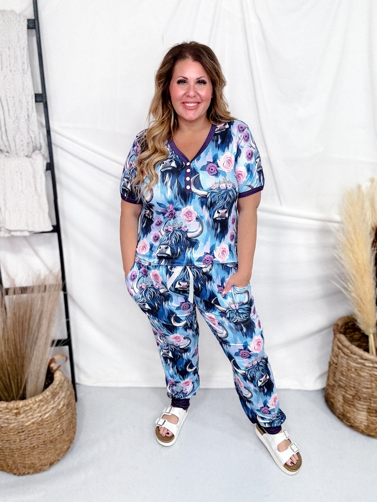 Vibrant Western Cow Loungewear Set - Whiskey Skies - SHIRLEY & STONE