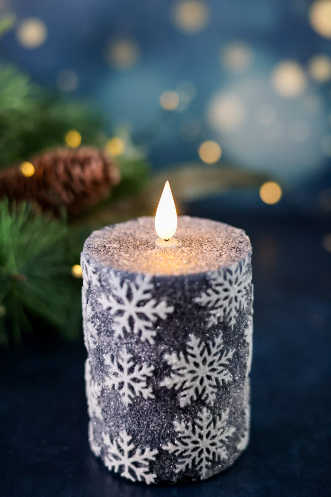 Vintage Blue 4" Snowflake LED Pillar Candle - Whiskey Skies - WT COLLECTION