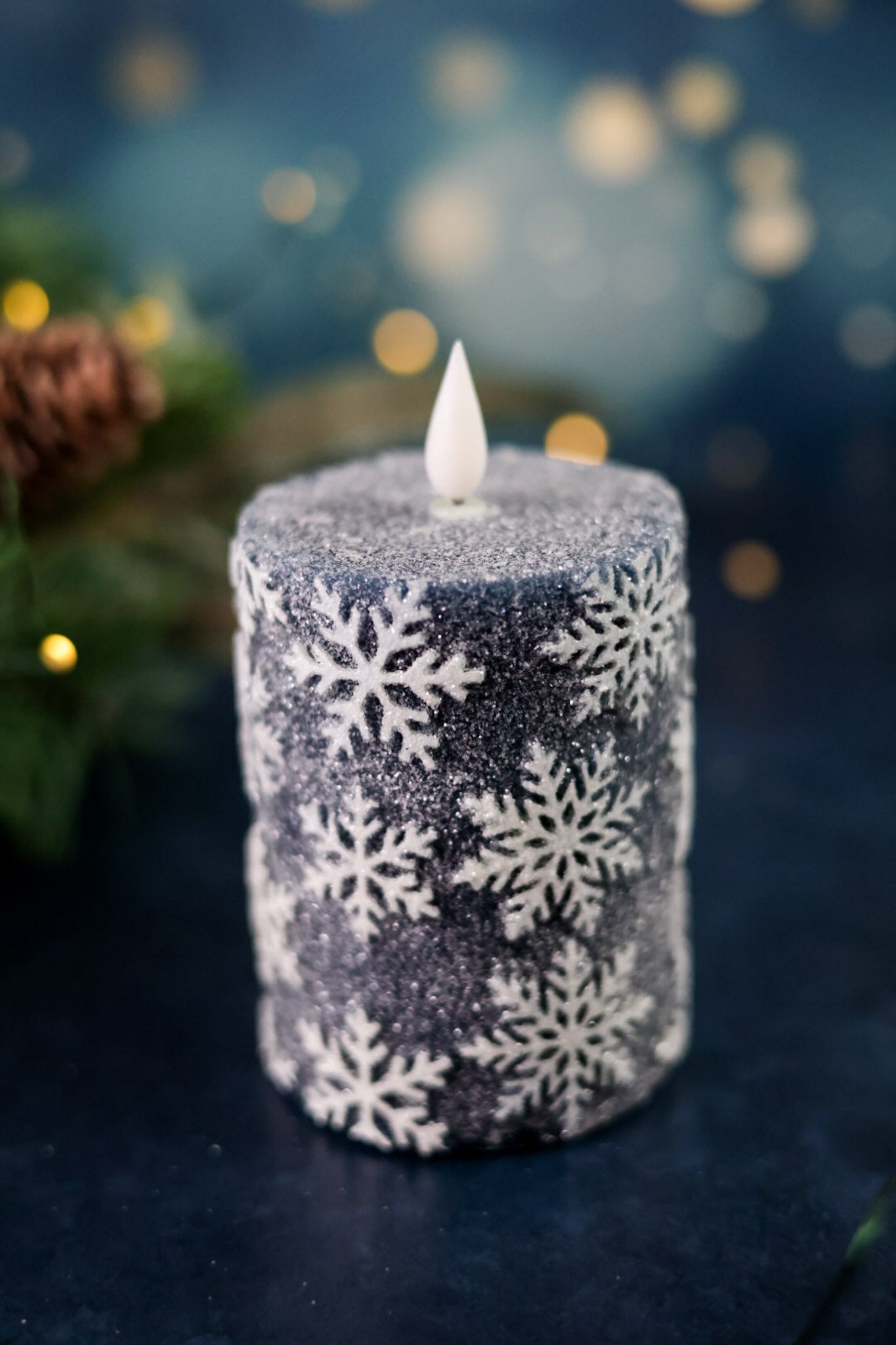 Vintage Blue 4" Snowflake LED Pillar Candle - Whiskey Skies - WT COLLECTION