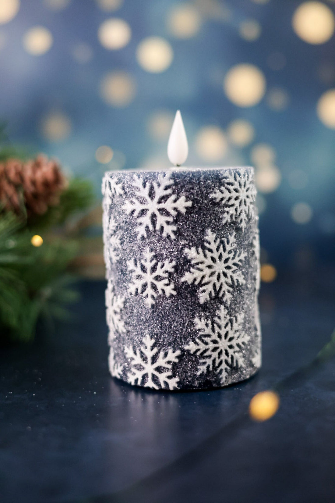Vintage Blue 4" Snowflake LED Pillar Candle - Whiskey Skies - WT COLLECTION