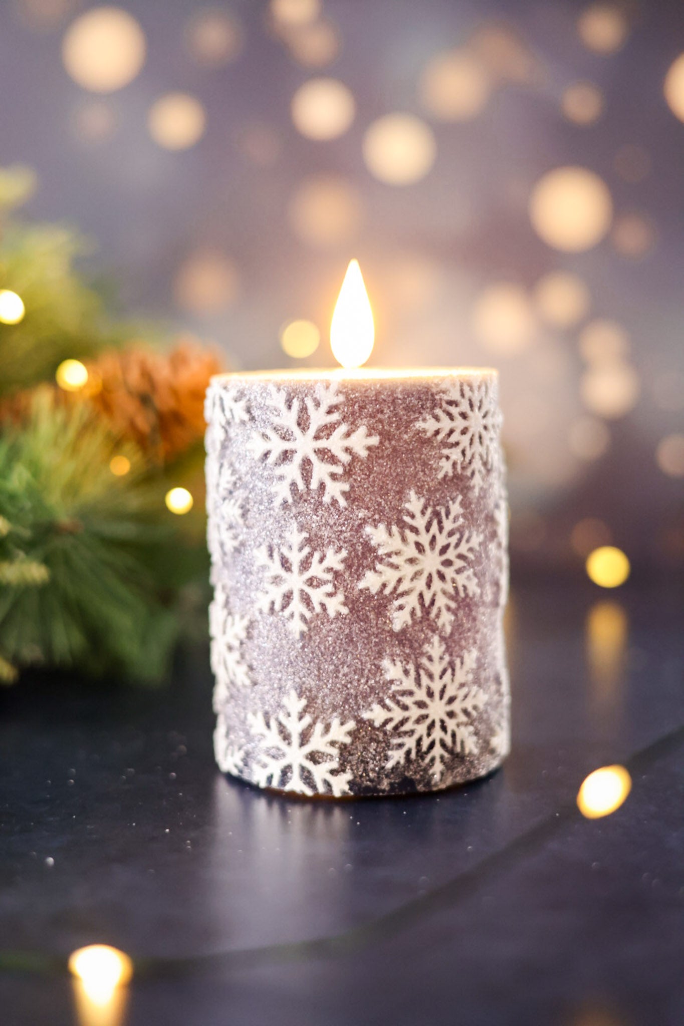 Vintage Blue 4" Snowflake LED Pillar Candle - Whiskey Skies - WT COLLECTION