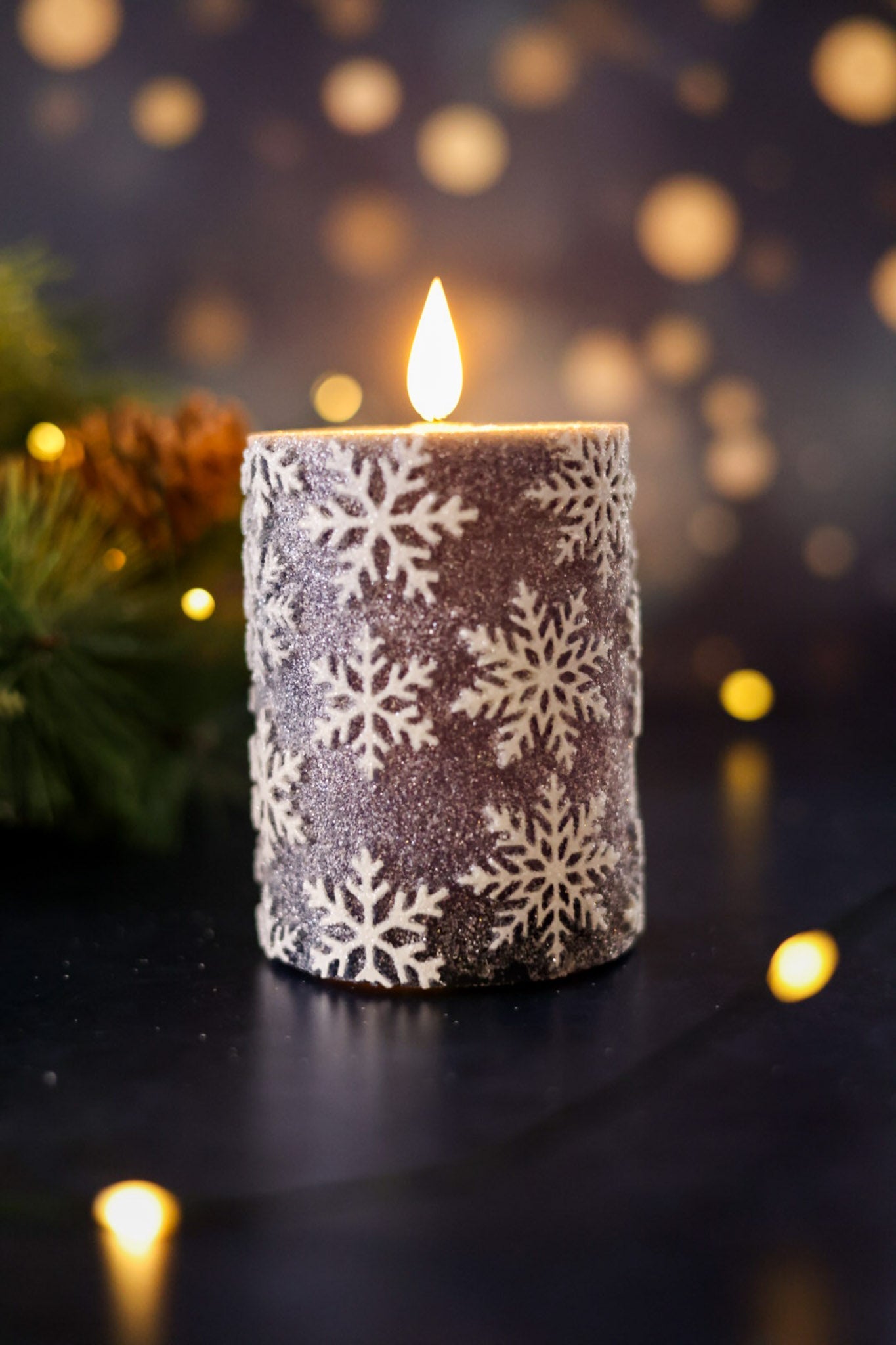 Vintage Blue 4" Snowflake LED Pillar Candle - Whiskey Skies - WT COLLECTION