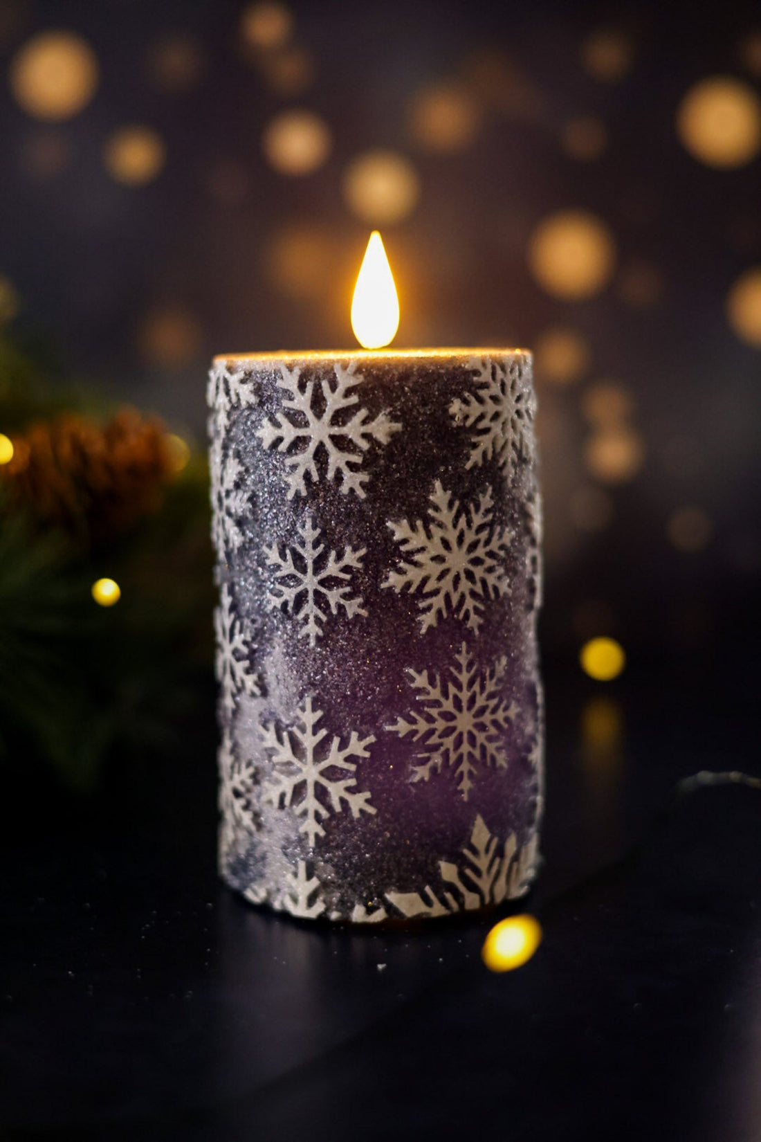 Vintage Blue 5" Snowflake LED Pillar Candle - Whiskey Skies - WT COLLECTION