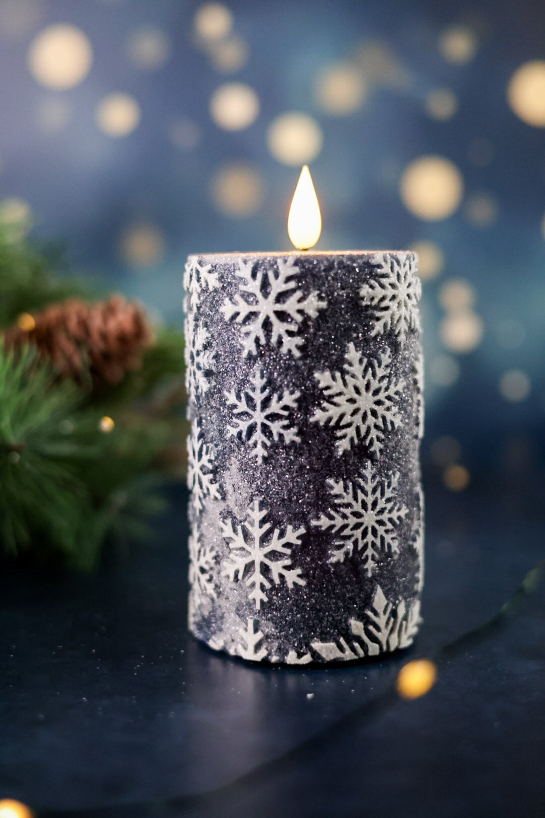 Vintage Blue 5" Snowflake LED Pillar Candle - Whiskey Skies - WT COLLECTION
