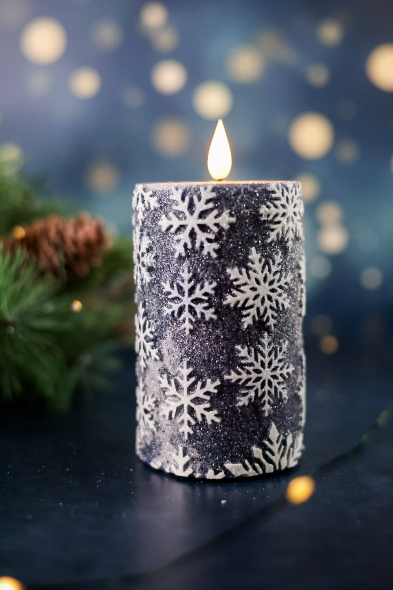 Vintage Blue 5" Snowflake LED Pillar Candle - Whiskey Skies - WT COLLECTION