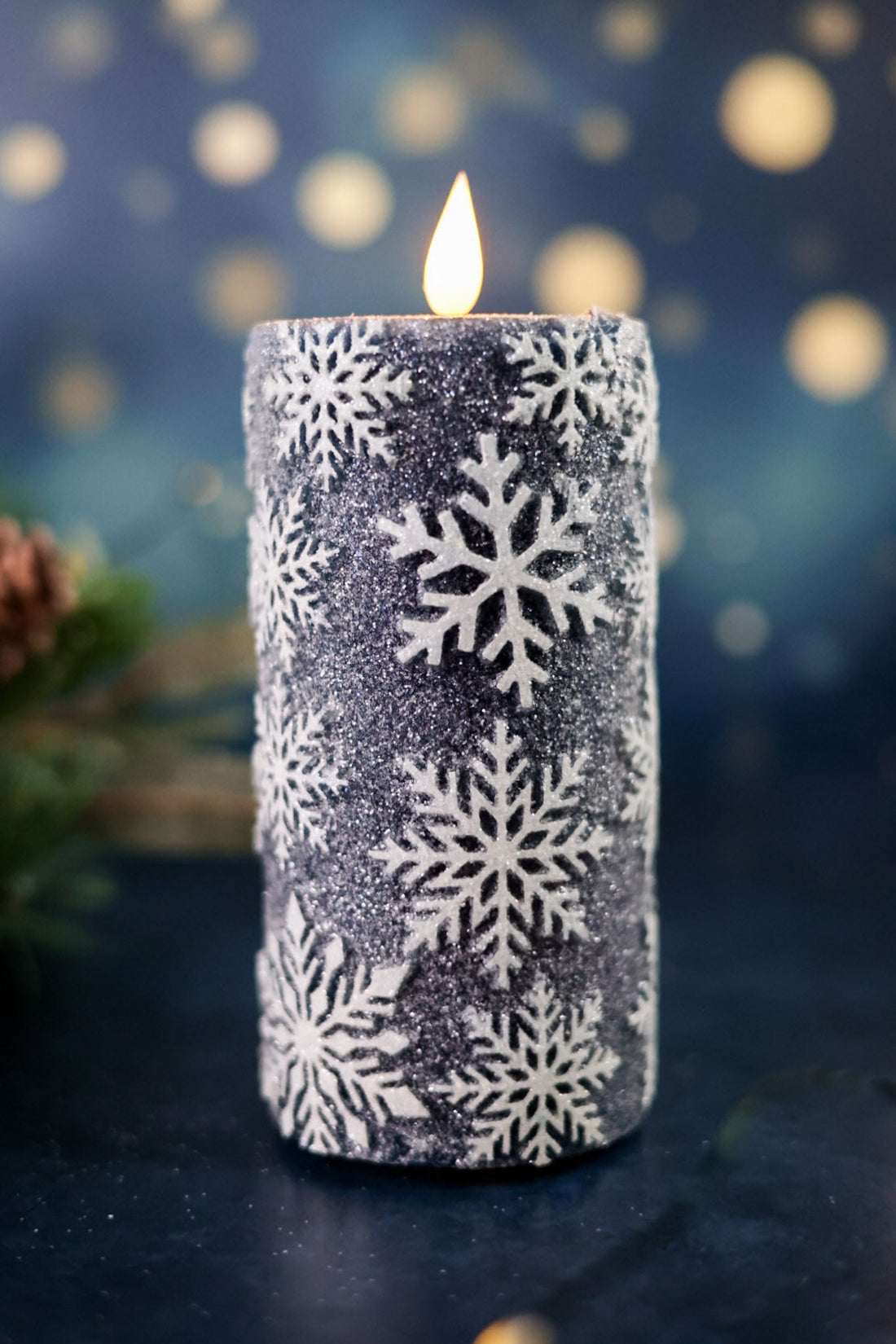 Vintage Blue 6" Snowflake LED Pillar Candle - Whiskey Skies - WT COLLECTION