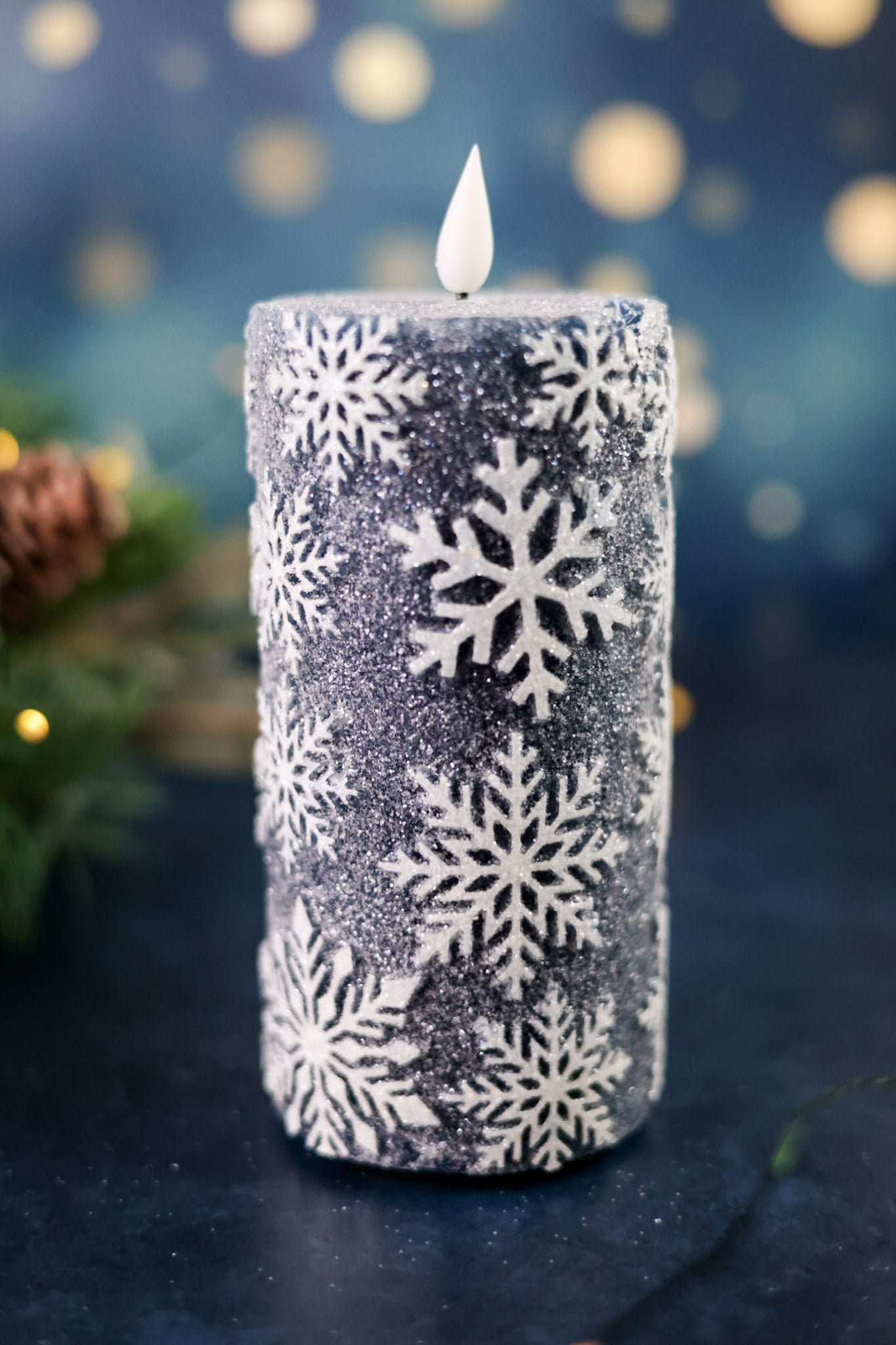 Vintage Blue 6" Snowflake LED Pillar Candle - Whiskey Skies - WT COLLECTION