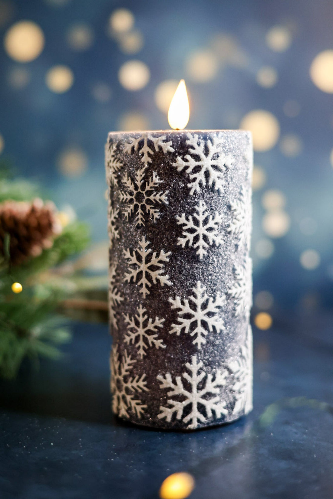 Vintage Blue 6" Snowflake LED Pillar Candle - Whiskey Skies - WT COLLECTION