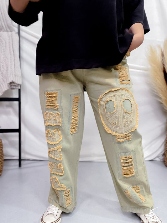 Vintage Blue Distressed Denim Peace & Love Applique Pants - Whiskey Skies - THE PAPERLACE