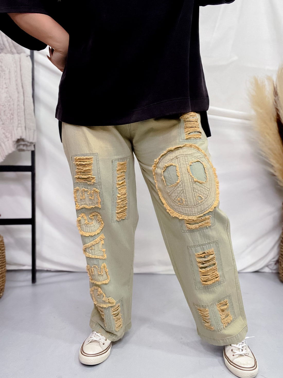 Vintage Blue Distressed Denim Peace & Love Applique Pants - Whiskey Skies - THE PAPERLACE